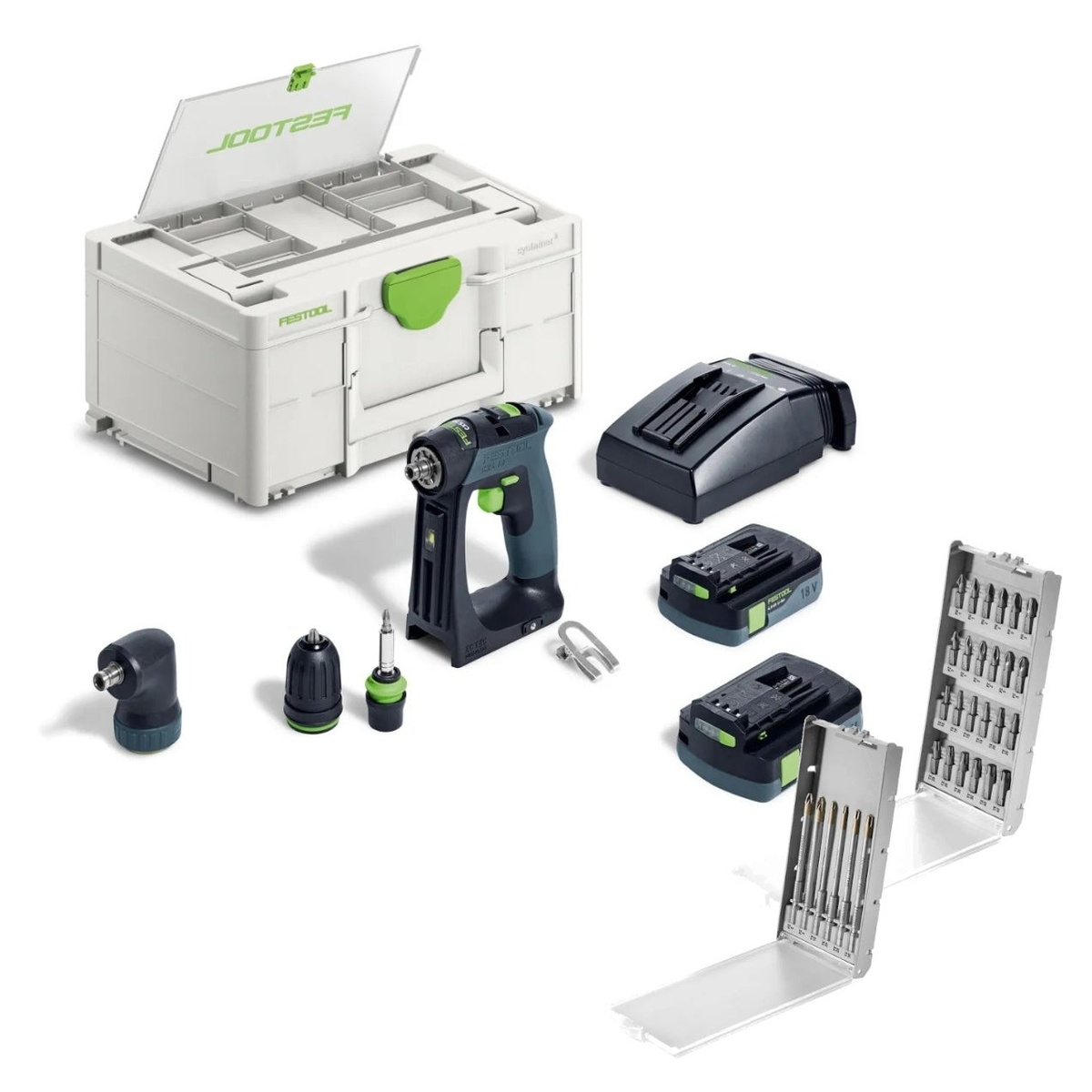 Festool CXS 18 HPC 4.0Ah I-Set Cordless Drill Kit with 30-Piece Drill/Driver Bit Set shown as a complete drill and fastening kit with Systainer case, batteries, charger, chucks, and bit sets on a clean shop background