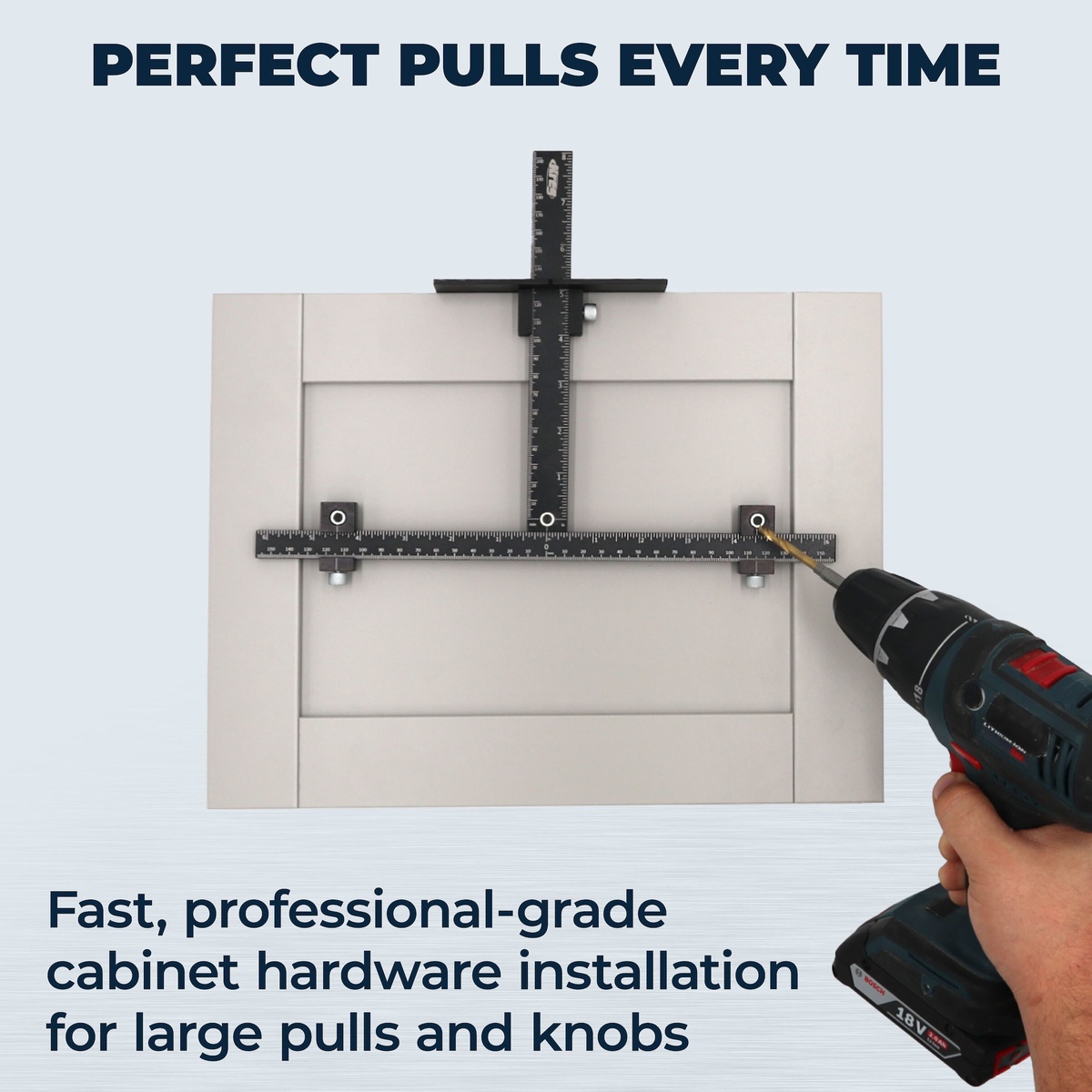Kreg Tool KHI-XLPULL cabinet hardware installation jig positioning a large cabinet pull on a shaker-style drawer front during drilling