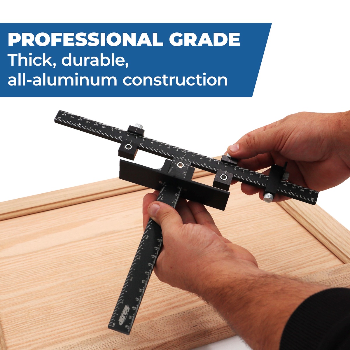 Kreg Tool KHI-XLPULL cabinet hardware installation jig being adjusted by hand on a wood cabinet door to set pull placement
