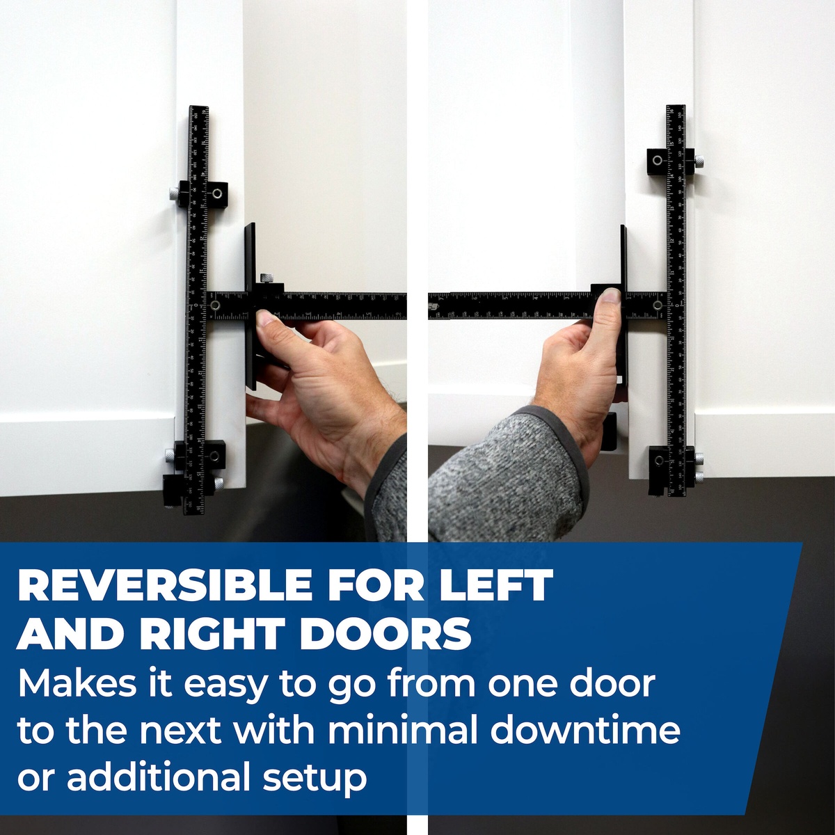 Kreg Tool KHI-XLPULL cabinet hardware installation jig set up on left and right cabinet doors for mirrored hardware installation