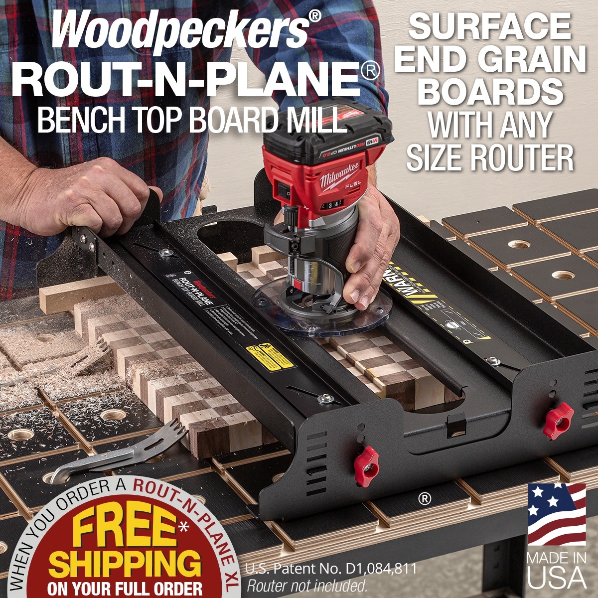 Woodpeckers Rout-N-Plane XL Bench Top Board Mill surfacing an end grain cutting board with a handheld router on a woodworking bench