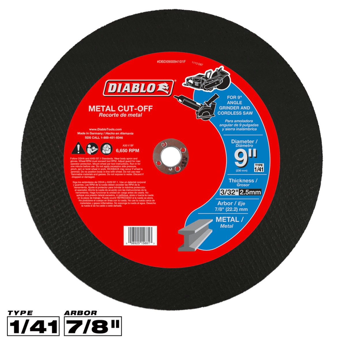 Diablo DBD090094101F metal cut-off disc shown as a full product view with 9 inch diameter, 3/32 inch thickness, and 7/8 inch arbor for metal cutting on a grinder or cordless saw