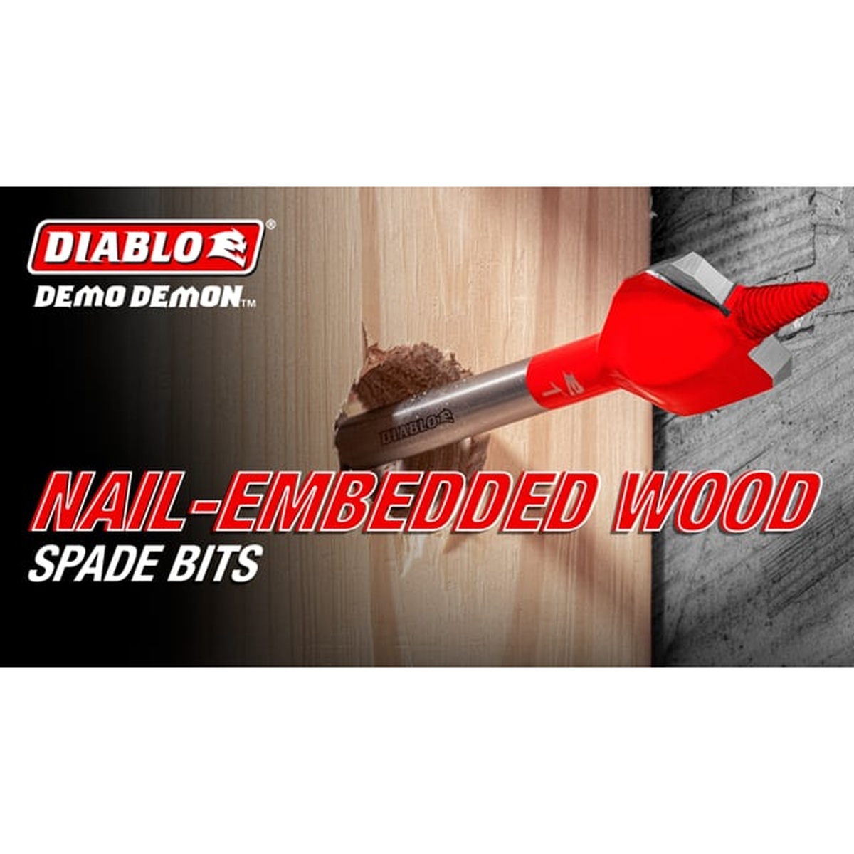 Diablo DSPD4050 Demo Demon Nail-Embedded Wood Spade Bit drilling through wood in a remodeling or demolition setting with embedded nails