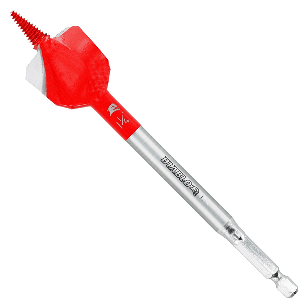 Diablo DSPD4070 nail-embedded wood spade bit product image showing 1/4 inch wood boring bit with hex shank for drilling framing lumber on the jobsite
