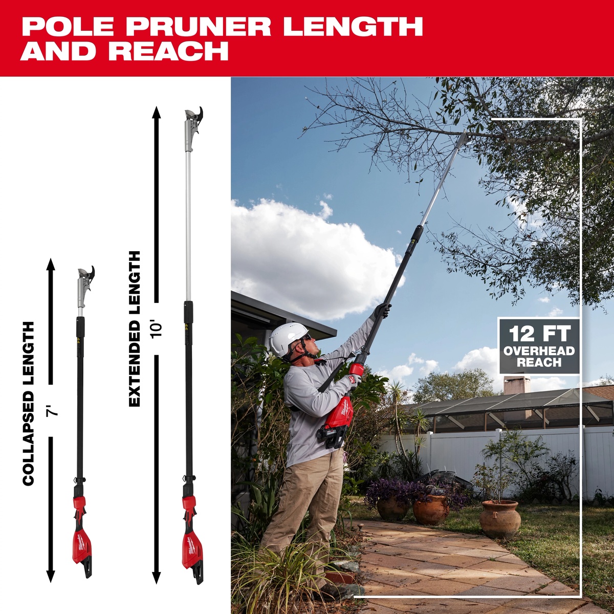 Milwaukee M18 Brushless Telescoping Pole Pruning Shears being used overhead in a residential yard to trim high tree branches
