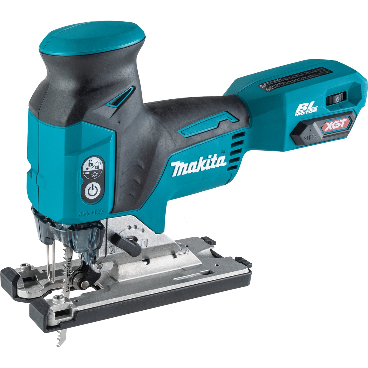 Makita GVJ01Z 40V max XGT Brushless Cordless Barrel Grip Jig Saw side view showing the barrel grip body and base for precision cutting in woodshop and finish carpentry work