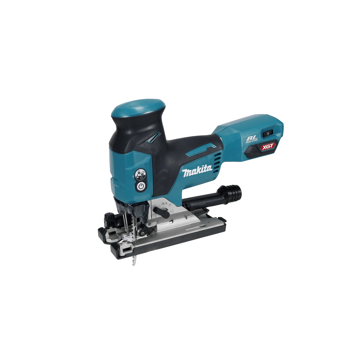 Makita GVJ01Z 40V max XGT Brushless Cordless Barrel Grip Jig Saw with dust port attachment installed, shown for cleaner jig saw cutting in interior jobsite and cabinet fitting applications