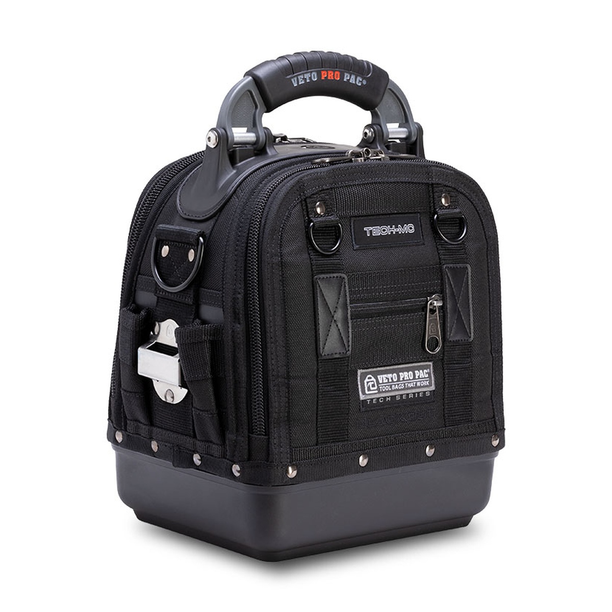Veto Pro Pac TECH-MC BLACKOUT tool bag closed and standing upright with waterproof base and reinforced body for service work in wet or abrasive jobsite conditions