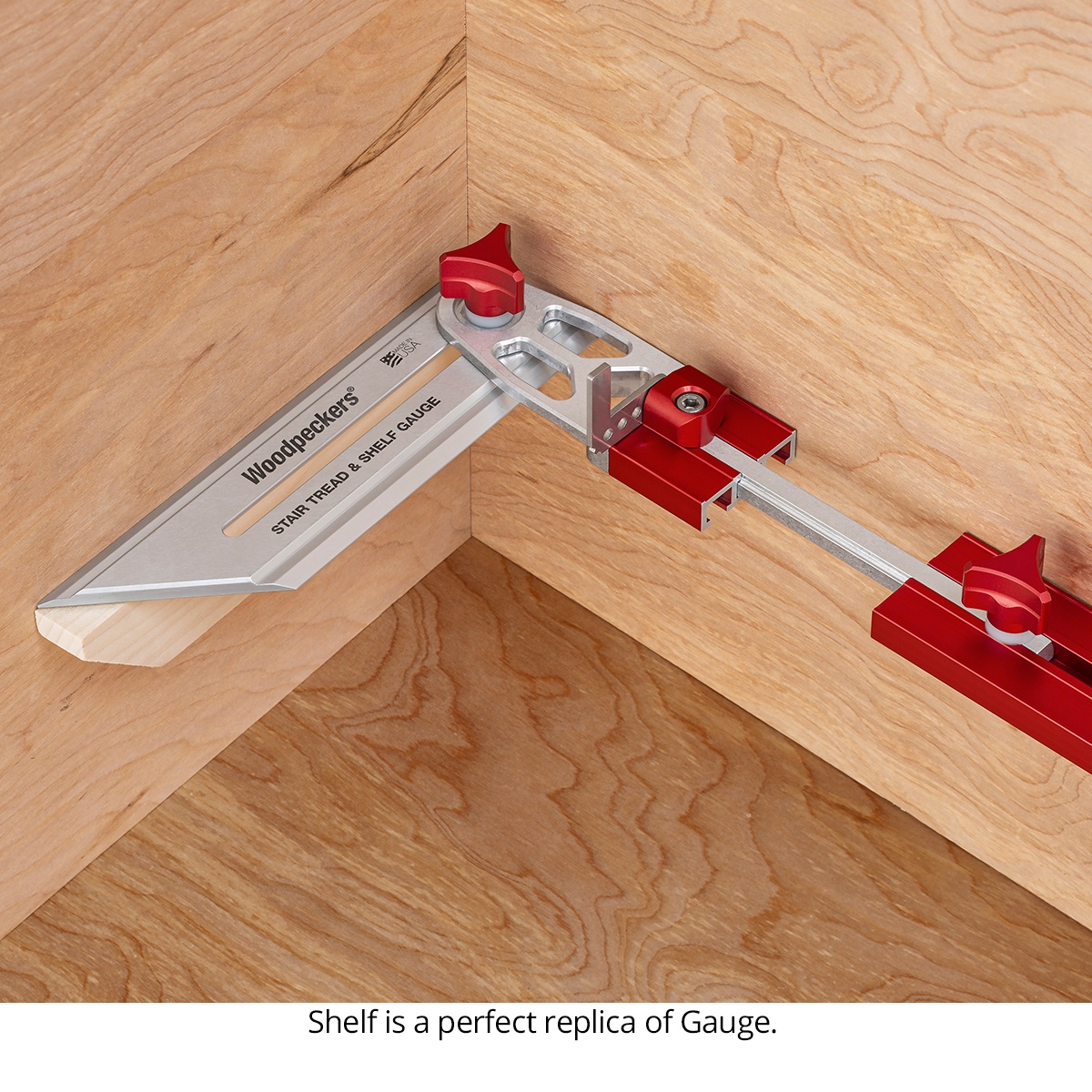Woodpeckers Stair Tread & Shelf Gauge set inside a wood corner showing how the gauge creates a precise replica for shelf fitting and finish carpentry work