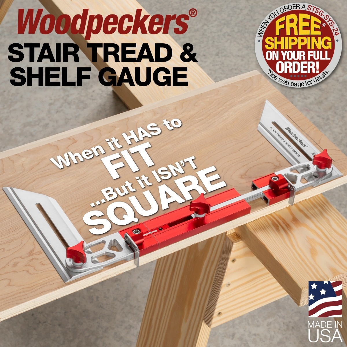 Woodpeckers Stair Tread & Shelf Gauge positioned across a wood panel to fit a stair tread opening on a workbench