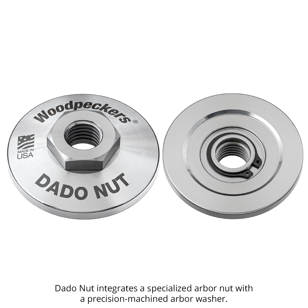 Woodpeckers Dado Nut front and back view showing the integrated arbor nut and precision-machined arbor washer for SawStop dado stack mounting