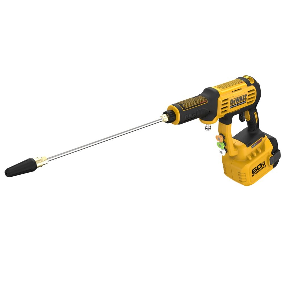 DeWALT DCPW1000B 60V MAX FLEXVOLT Brushless 1000 PSI power cleaner angled view showing quick-connect wand and nozzle area for switching spray patterns during outdoor cleaning