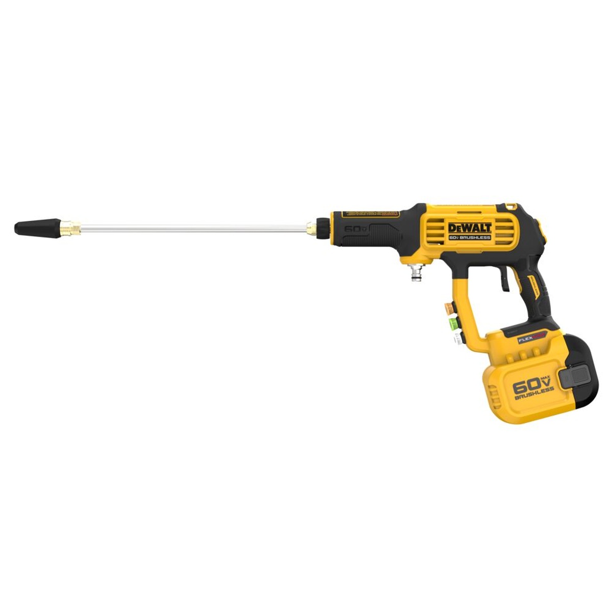 DeWALT DCPW1000B 60V MAX FLEXVOLT Brushless 1000 PSI power cleaner side view with wand, representing garden hose hookup and freshwater source cleaning around vehicles and equipment