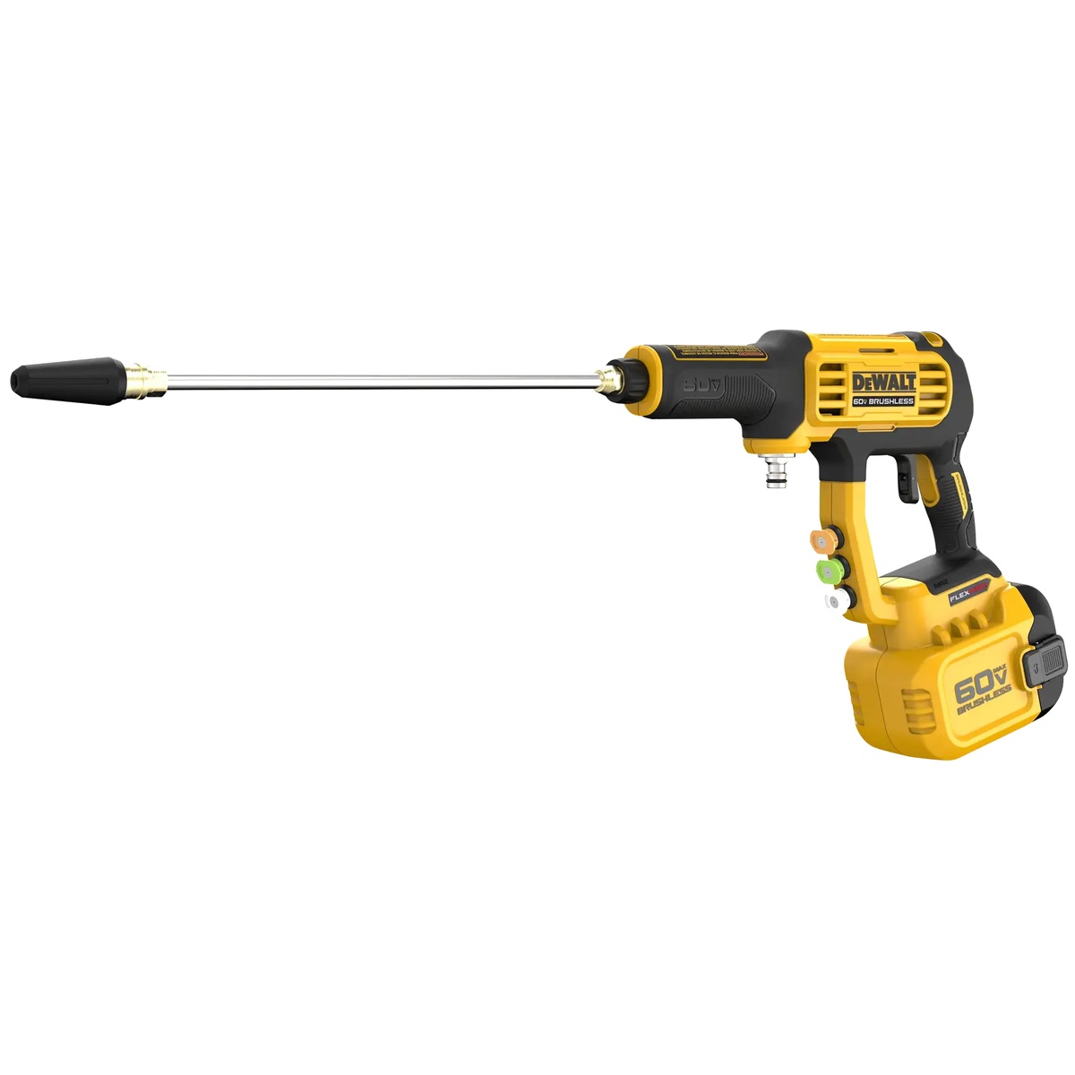 DEWALT DCPW1000 Power Cleaner cordless pressure washer shown with wand and battery installed for portable cleaning of decks, vehicles, tools, and outdoor equipment