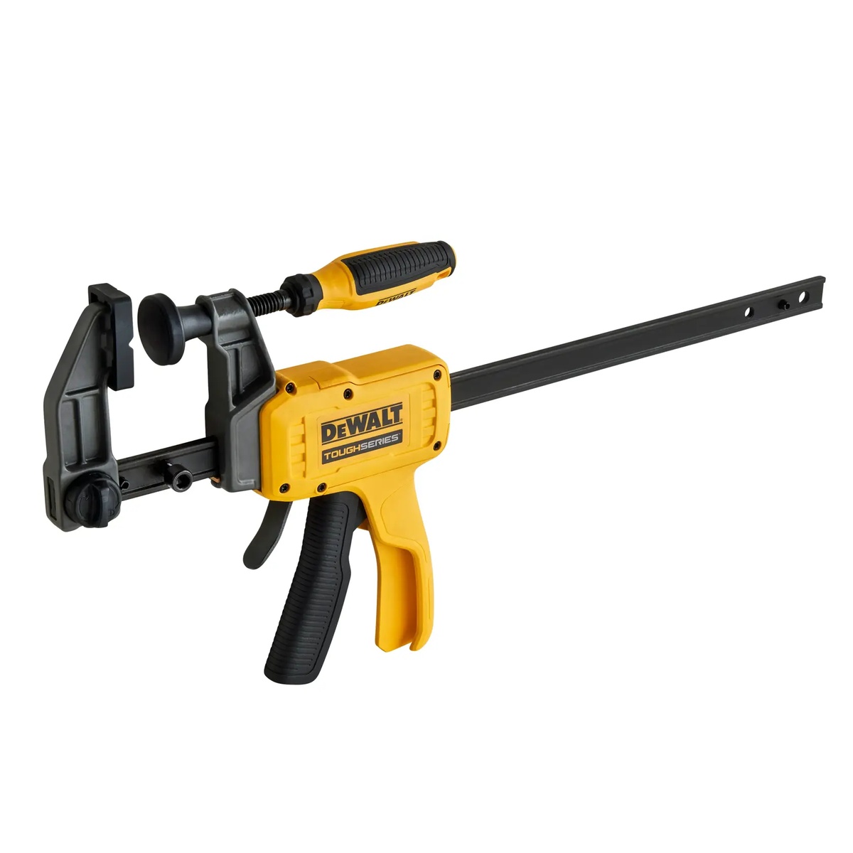DEWALT ToughSeries 12-in. Hybrid Clamp angled to show jaw design, coupling point, and handle layout for woodworking, pipe holding, and jobsite assembly tasks