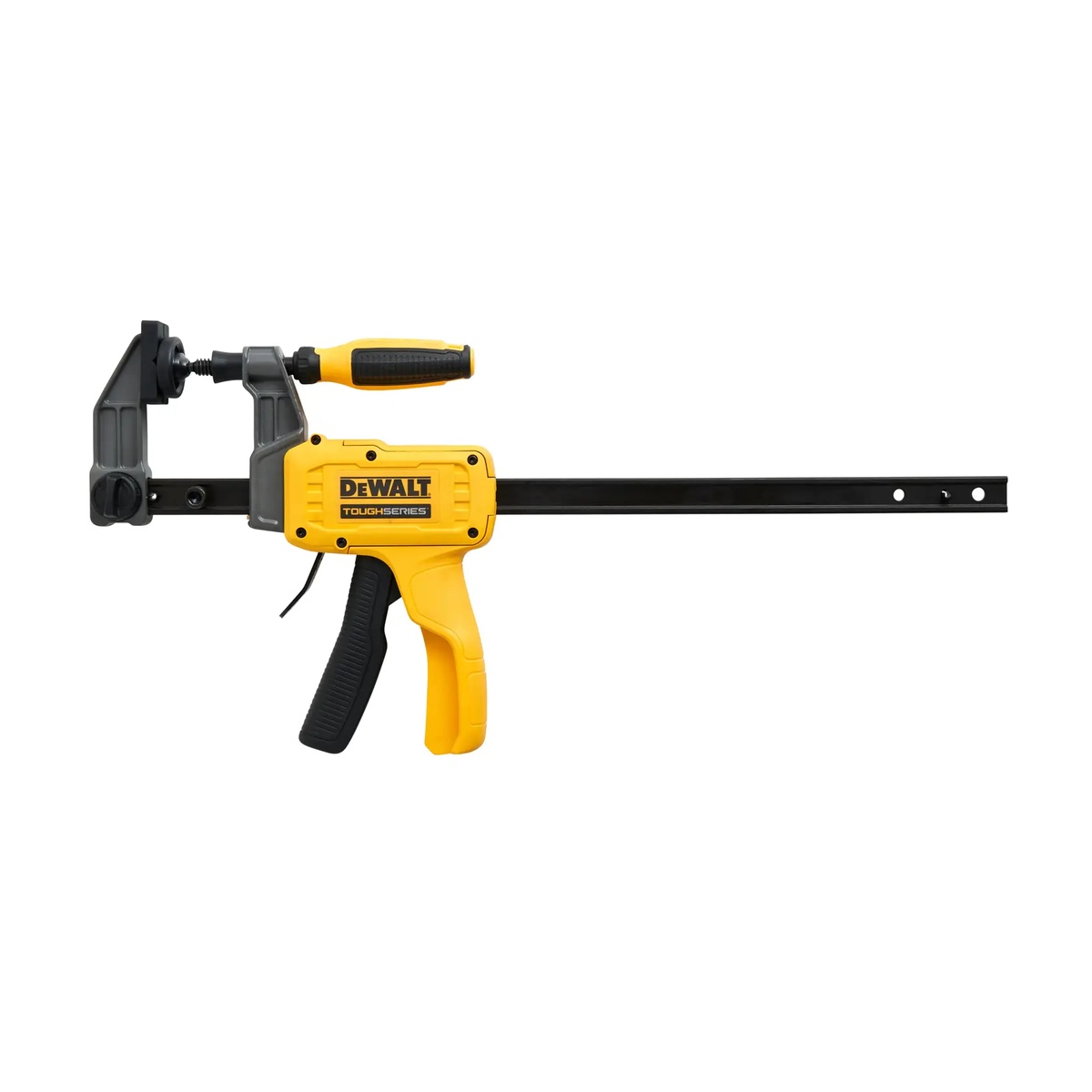 DEWALT ToughSeries 12-in. Hybrid Clamp shown in side profile on a clean background, highlighting the trigger handle, screw handle, and 12 inch bar for assembly and glue-up work