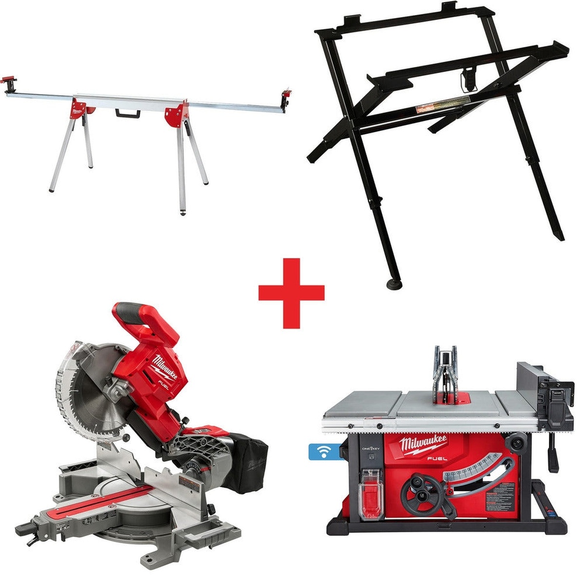 Milwaukee M18 FUEL ONE-KEY 18-Volt Lithium-Ion Brushless Cordless 8-1/4 in. Table Saw with Stand and 10 in. Miter Saw with Stand shown as a cordless woodworking and carpentry combo for jobsite cutting tasks