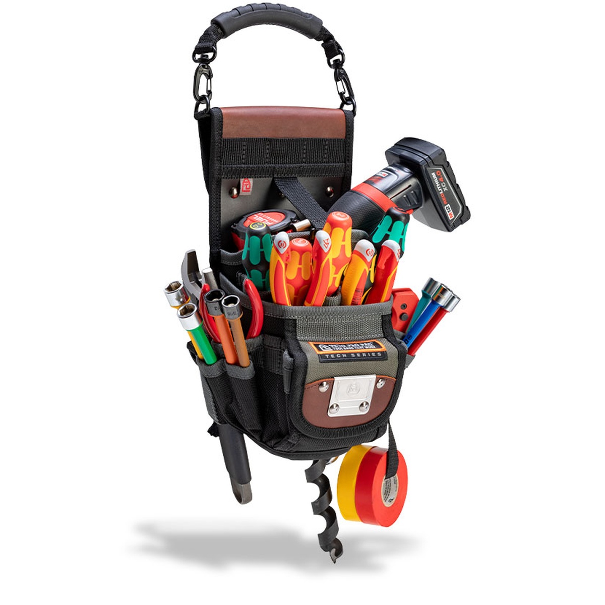 Veto Pro Pac DP3 Tool and Drill Pouch loaded with screwdrivers, sockets, tape, auger bit, and cordless drill for service work
