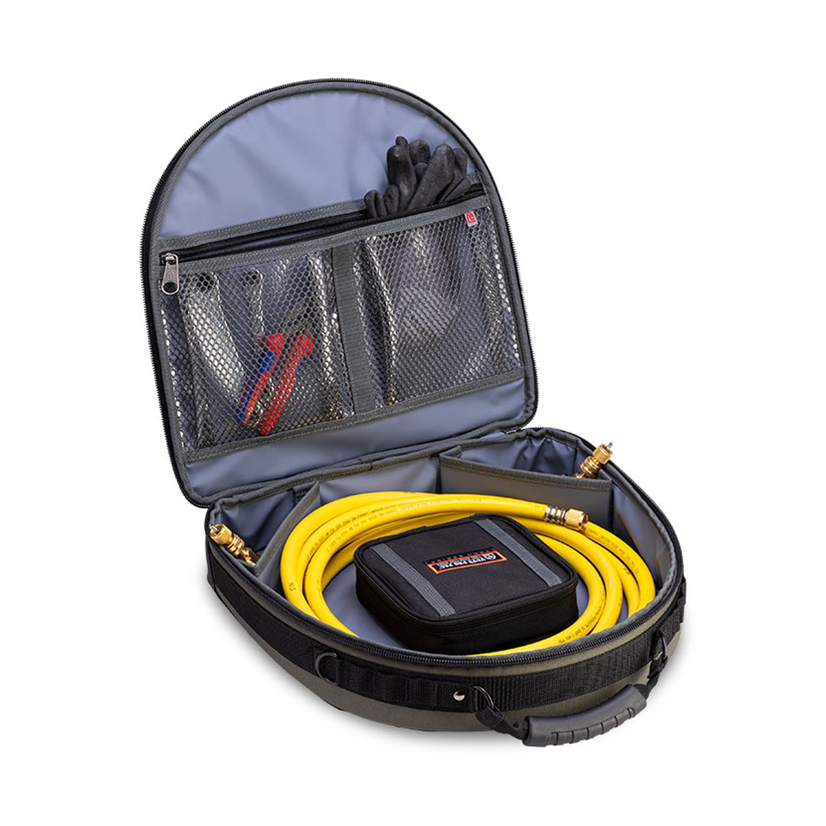 Veto Pro Pac HOSE HAULER Versatile Service Tech Hose Bag with coiled HVAC hose and removable pouch arranged inside the adjustable interior
