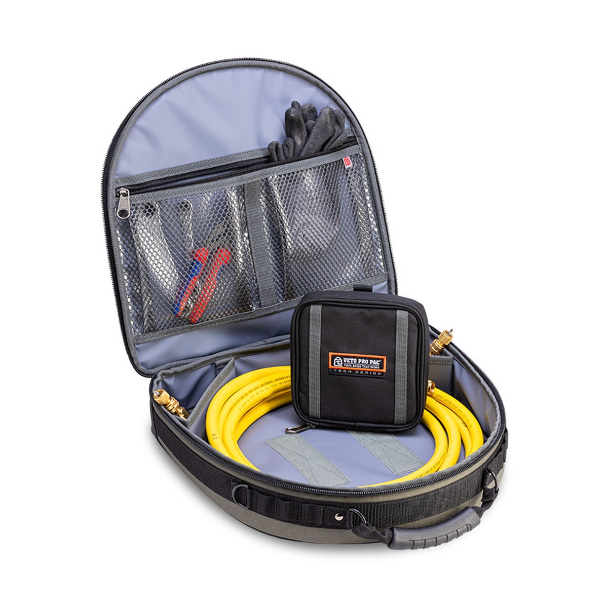 Veto Pro Pac HOSE HAULER Versatile Service Tech Hose Bag opened with HVAC hose, removable pouch, and hand tools organized for service work