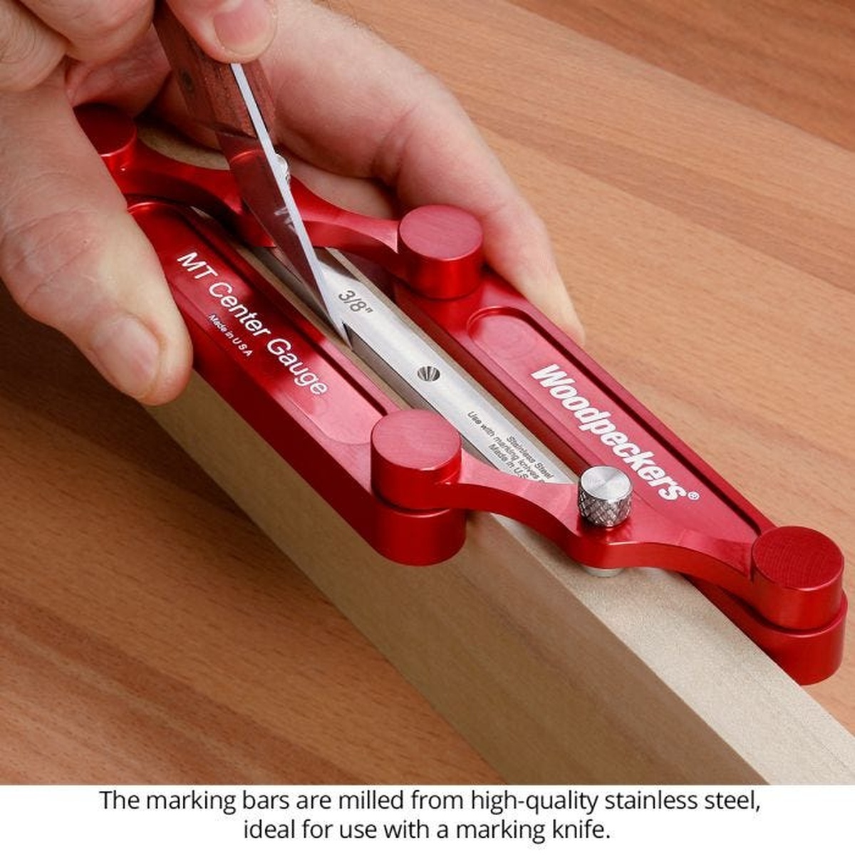Woodpeckers MT Center Gauge, Inch marking a centered layout line on a wood board with a marking knife during woodworking joinery setup