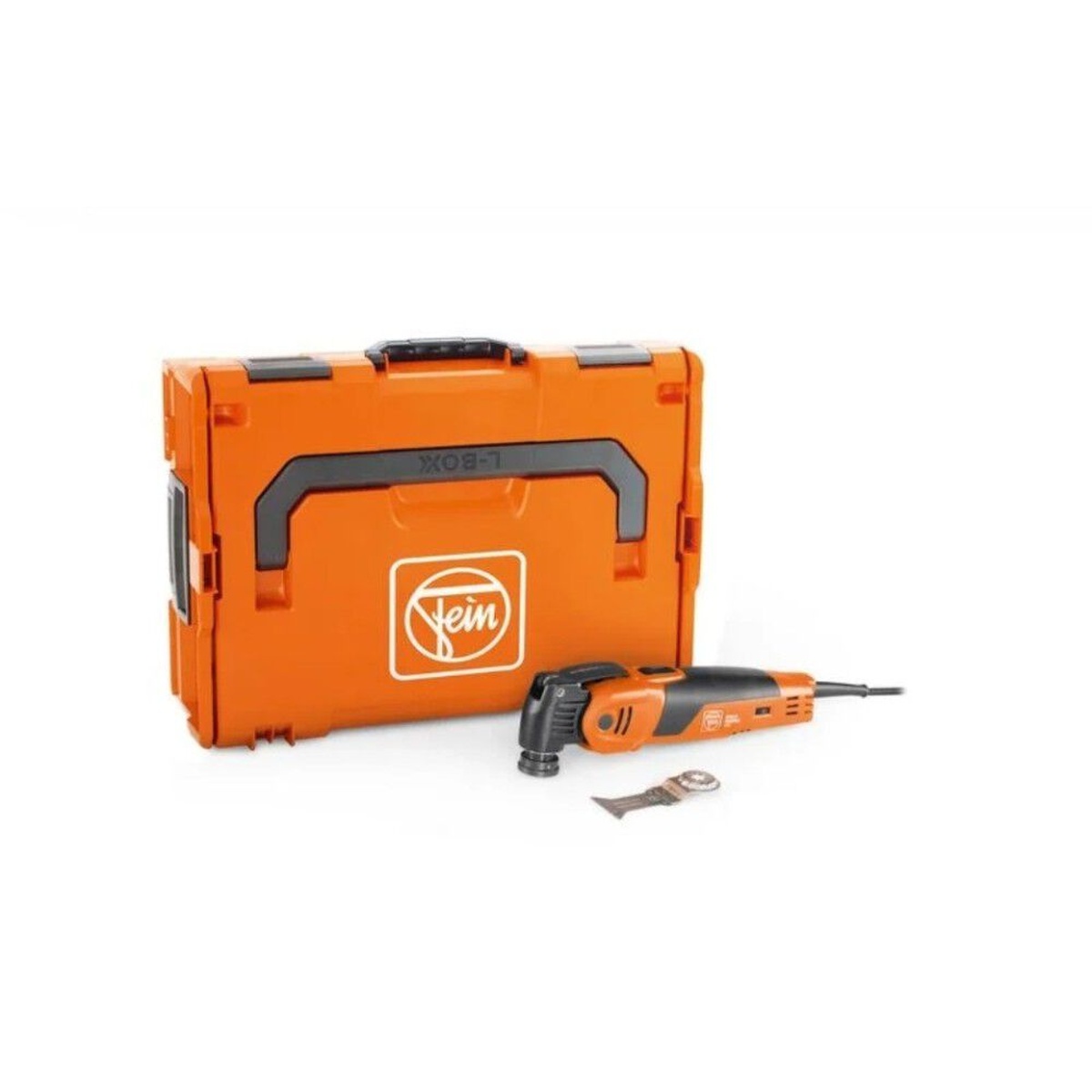 Fein Multimaster 700 Oscillating MultiTool with L-Boxx & E-Cut Saw Blade shown with included L-Boxx case and accessory for jobsite transport