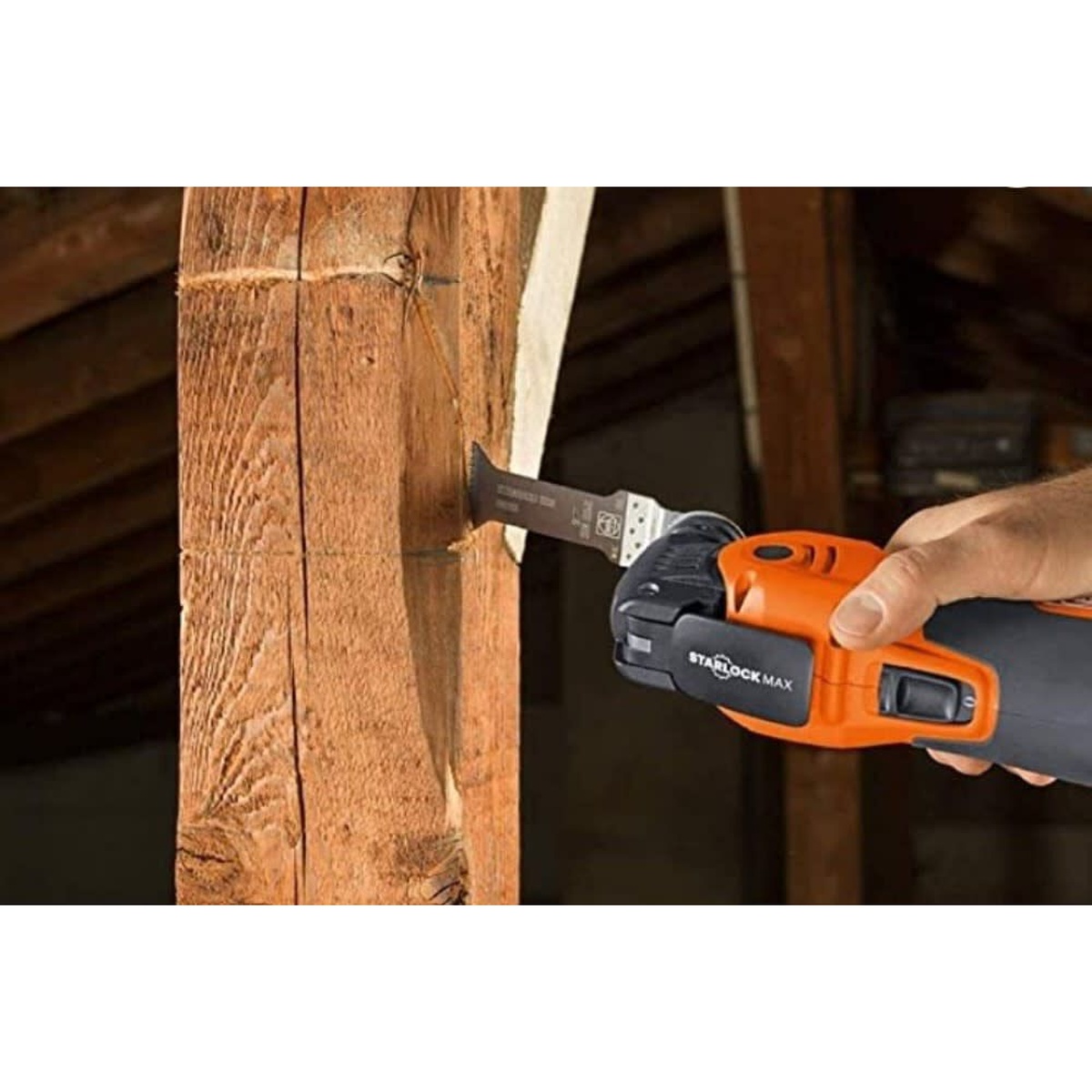 Fein Multimaster 700 Oscillating MultiTool with L-Boxx & E-Cut Saw Blade making a plunge cut into heavy timber during interior renovation work