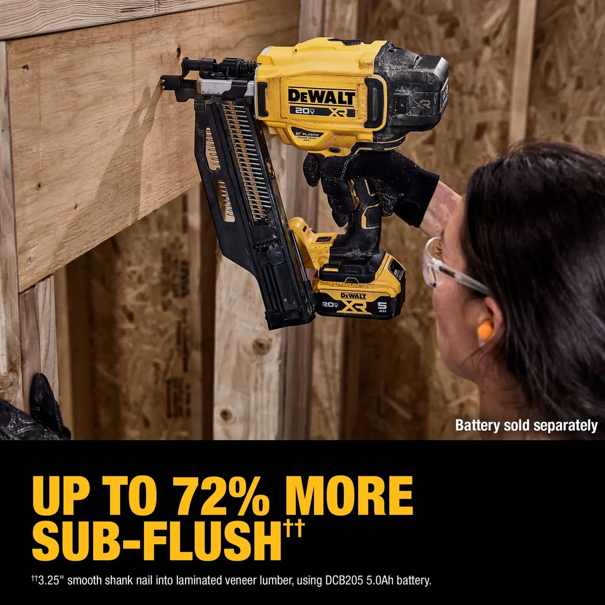 DEWALT DCN920B 20V MAX XR Brushless Cordless 21 Degree Plastic Collated Framing Nailer fastening into laminated veneer lumber during framing work on a jobsite