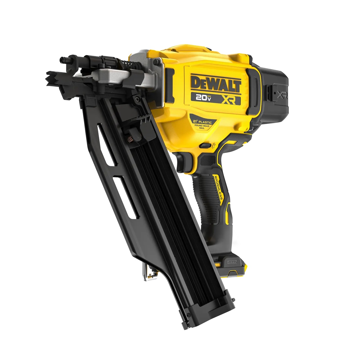 DEWALT DCN920B 20V MAX XR Brushless Cordless 21 Degree Plastic Collated Framing Nailer clean product view showing magazine and nose design for framing applications