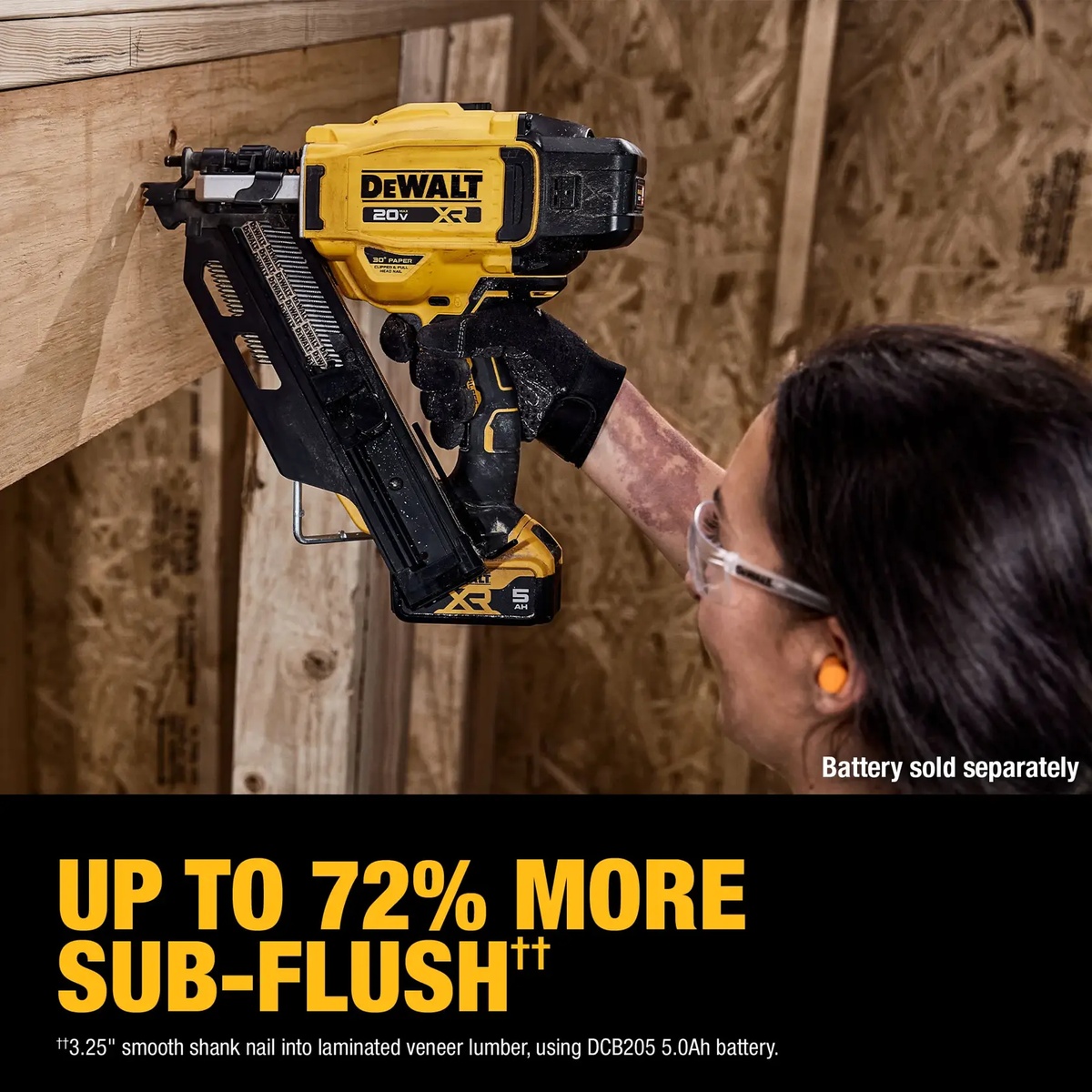 DEWALT DCN930B 20V MAX XR Brushless 30 Degree Paper Collated Framing Nailer driving a nail into laminated veneer lumber during framing work
