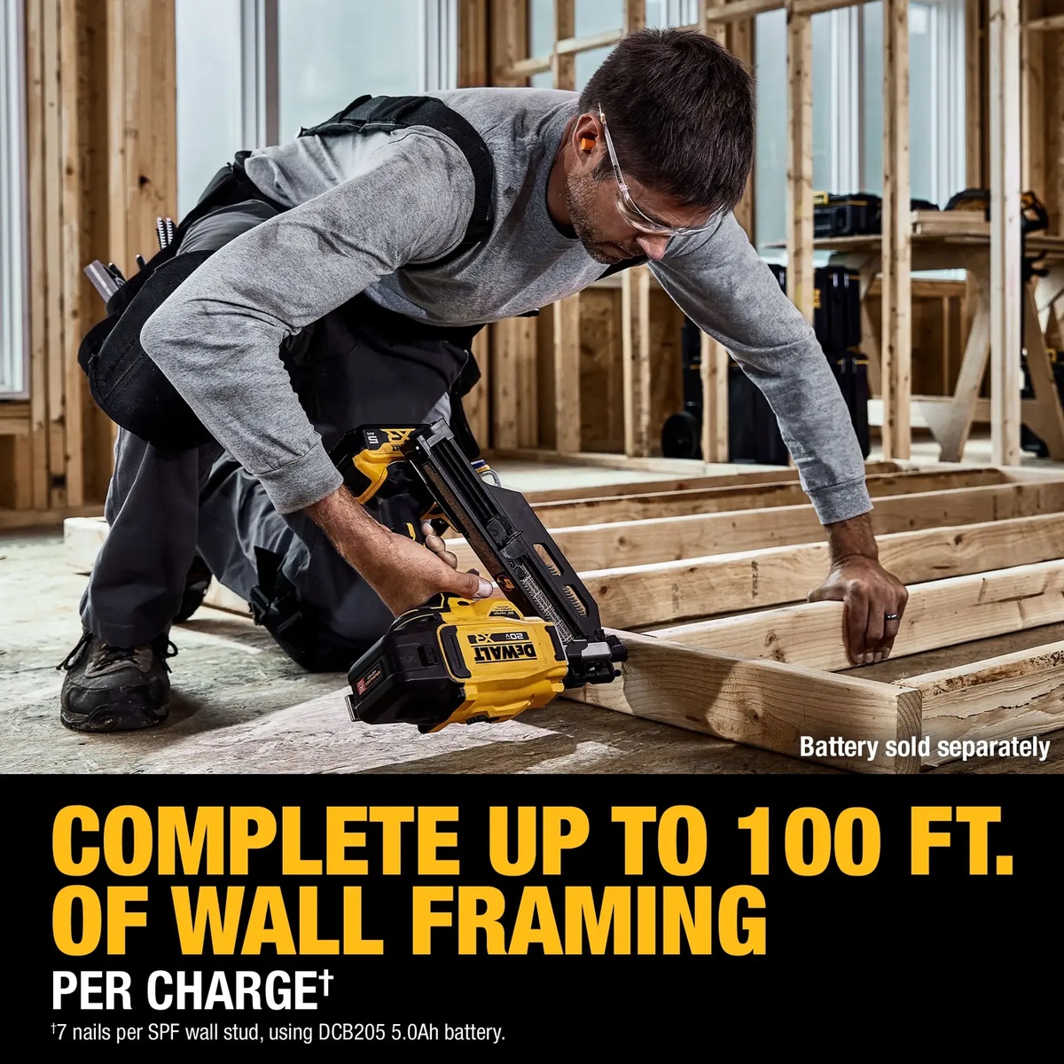 DEWALT DCN930B 20V MAX XR Brushless 30 Degree Paper Collated Framing Nailer fastening wall framing lumber on an indoor framing jobsite