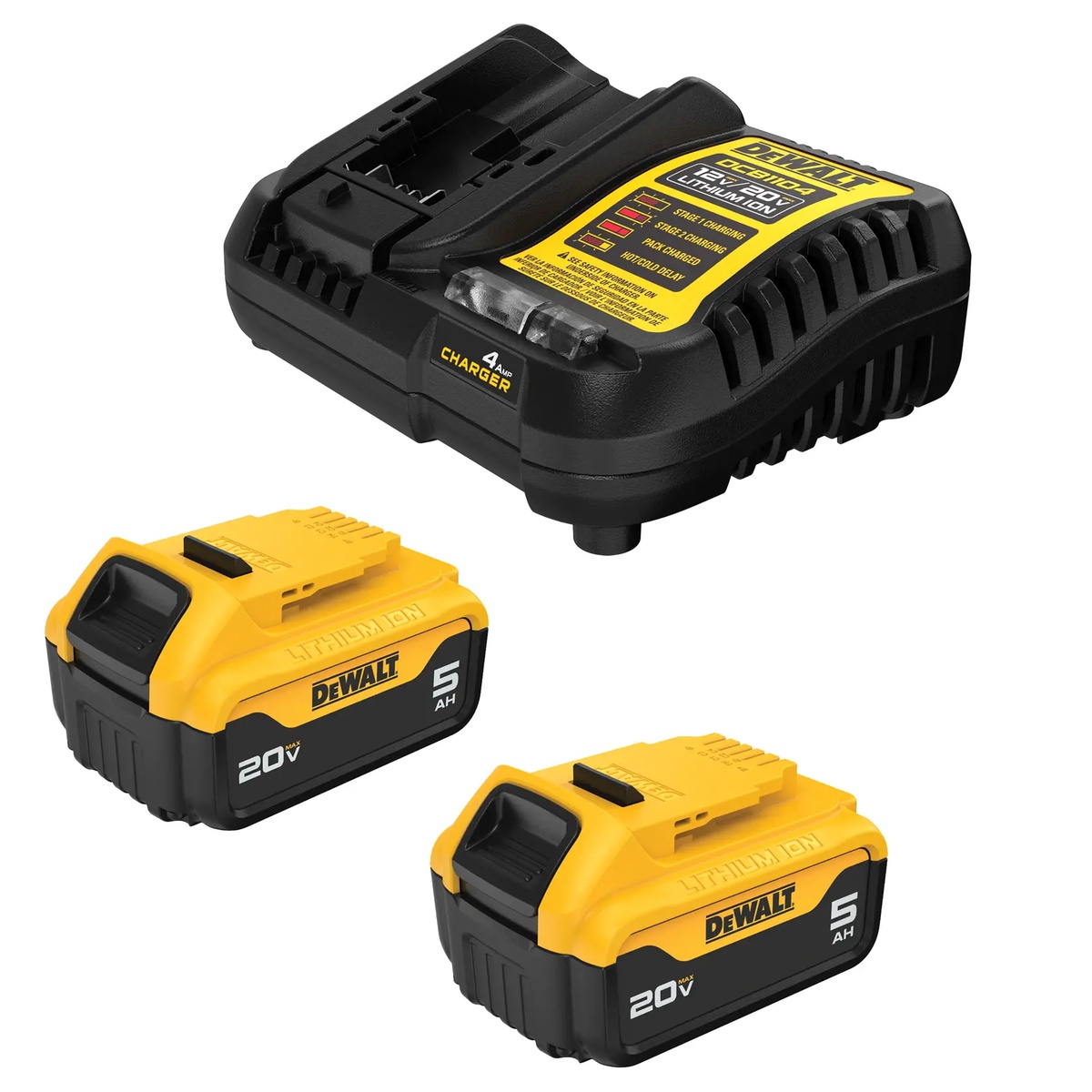 DEWALT 20V MAX Lithium-Ion 5.0 Ah Starter Kit with two 5.0 Ah batteries and charger arranged for shop and jobsite charging setup