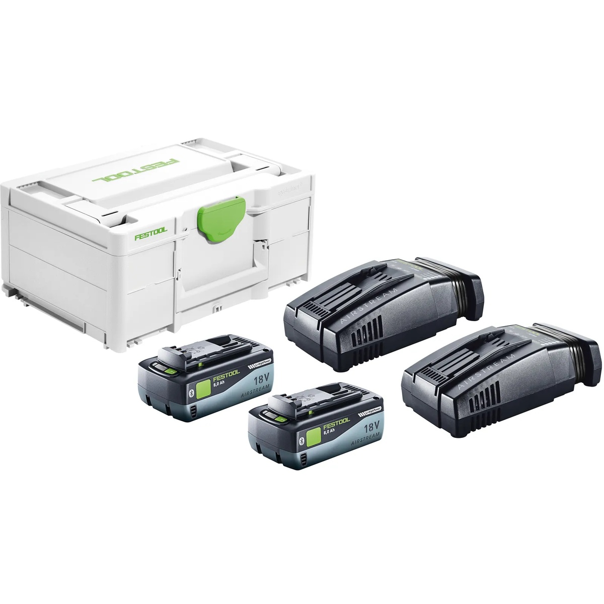 Festool 577328 SYS 18V Dual 8.0Ah and Dual SCA16 Fast Charger Energy Set with Systainer3, two 8.0 Ah batteries, and two SCA16 chargers on a clean background