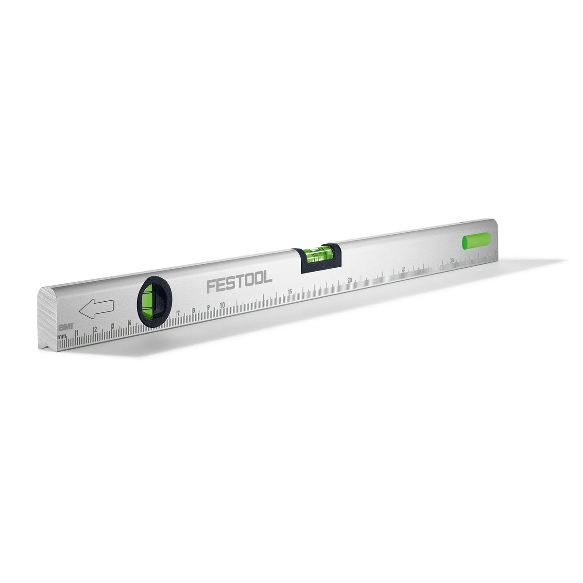 Festool 577220 LEYSYS-FT1 spirit level product close-up showing horizontal and vertical vials plus metric scale on the aluminum body