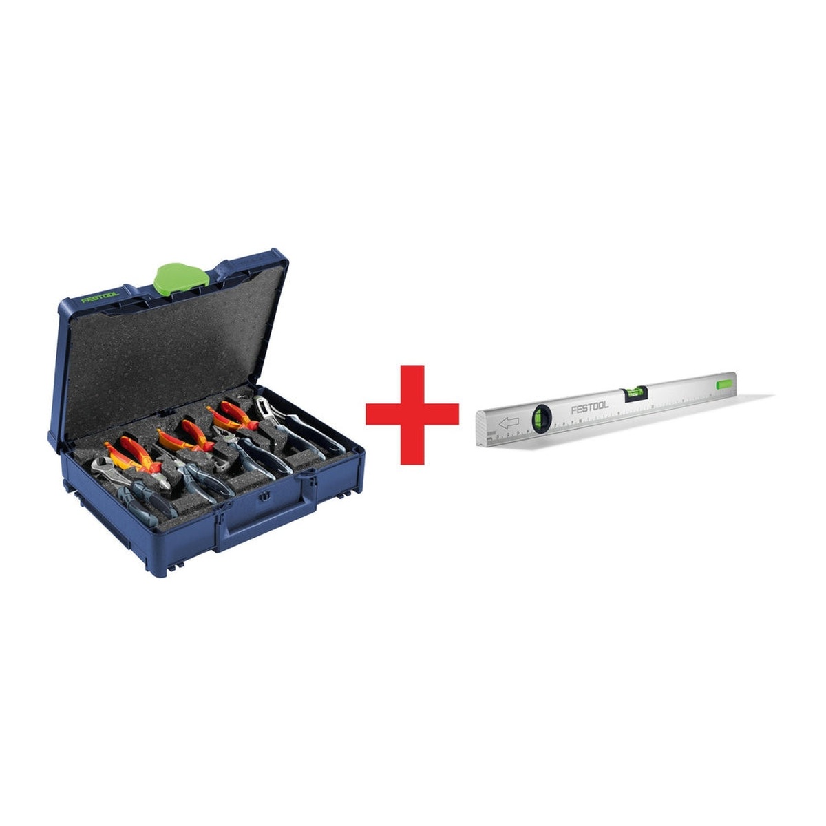 Festool Limited Edition Pliers Systainer3 SYS3 M 112 ZA with LEYSYS-FT1 Spirit Level open in a blue case with organized pliers and separate spirit level for electrical and installation work