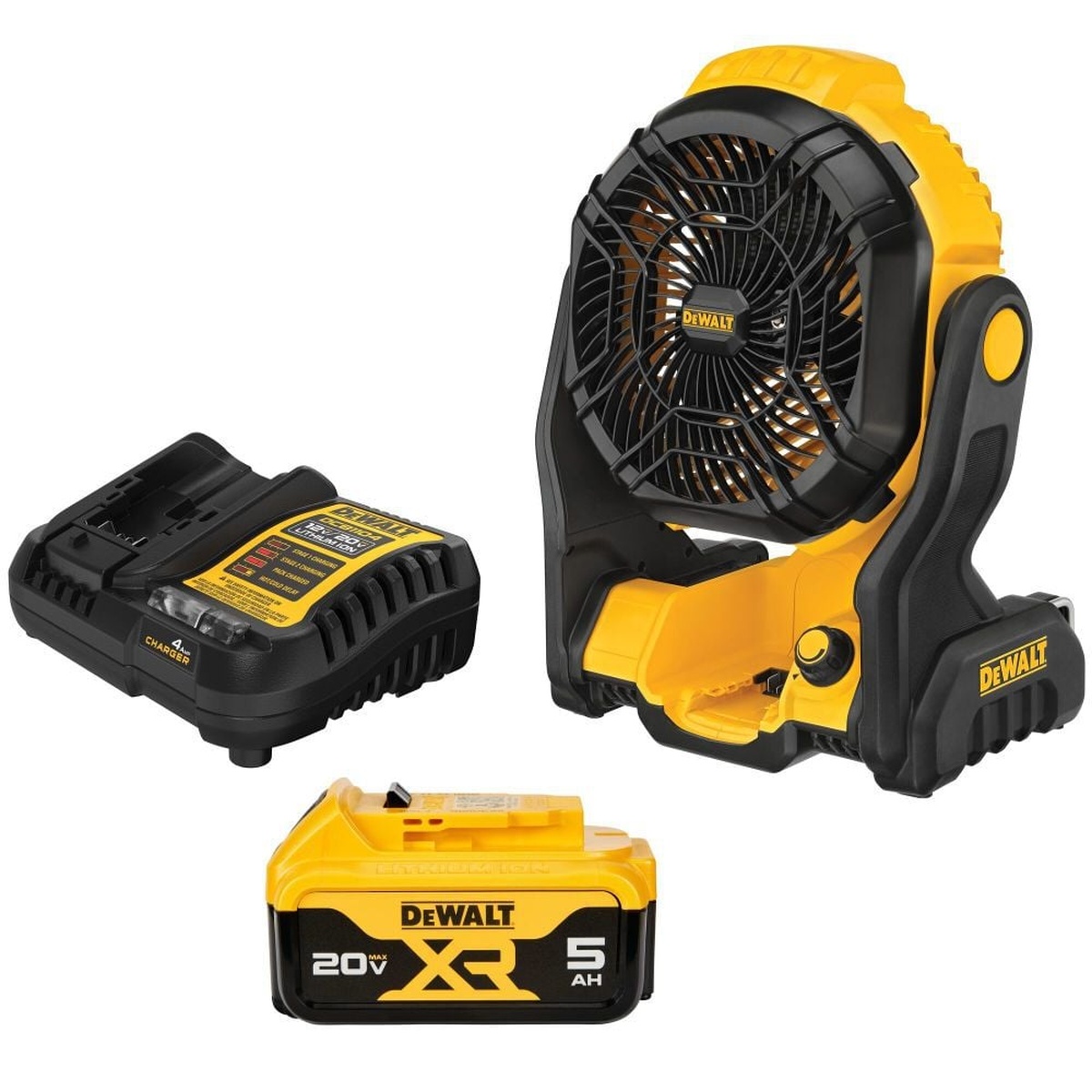 DeWALT DCE512P1 20V MAX Jobsite Fan 5.0Ah Kit with included charger and 5.0Ah battery shown as a portable cooling setup for jobsites, garages, and work areas without convenient corded power