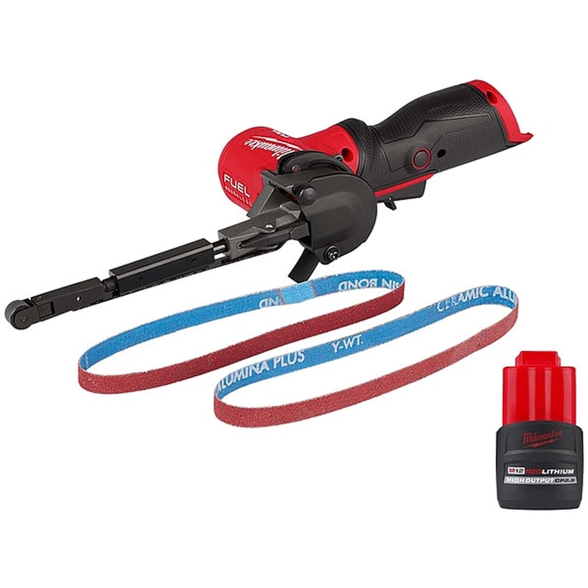 Milwaukee M12 FUEL 1/2 X 18 Bandfile Belt Sander with M12 REDLITHIUM HIGH OUTPUT CP 2.5Ah Battery Pack shown with sanding belts and battery for tight-space metalworking and spot weld removal tasks