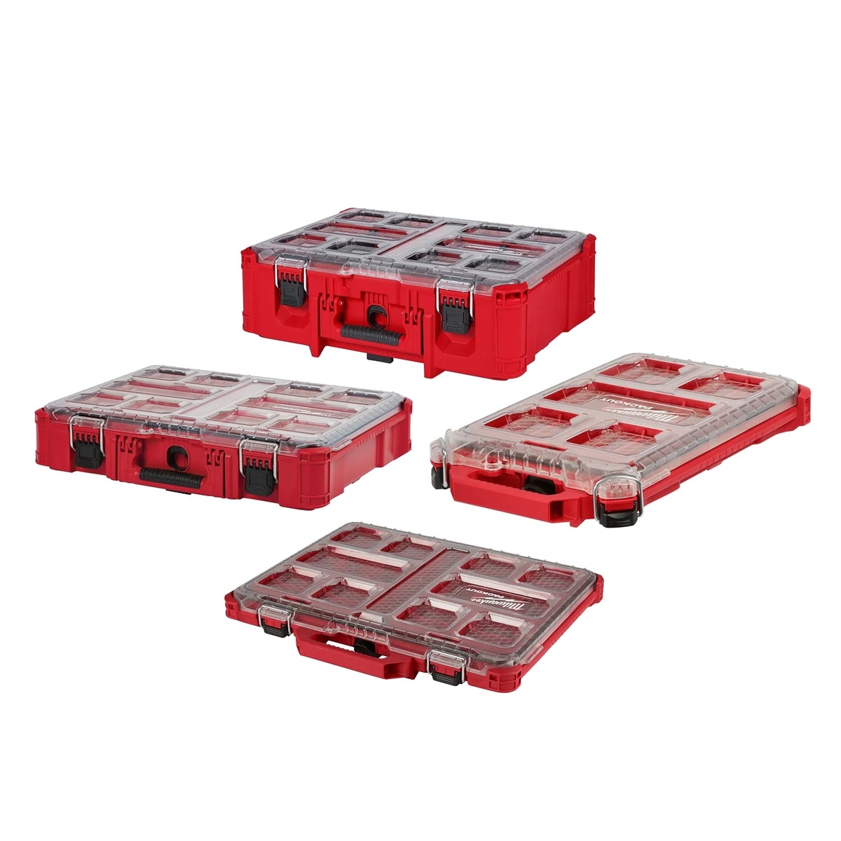 Milwaukee PACKOUT 4-Piece Organizer Set showing the four included storage organizers on a clean background for small parts organization in a workshop or jobsite setup