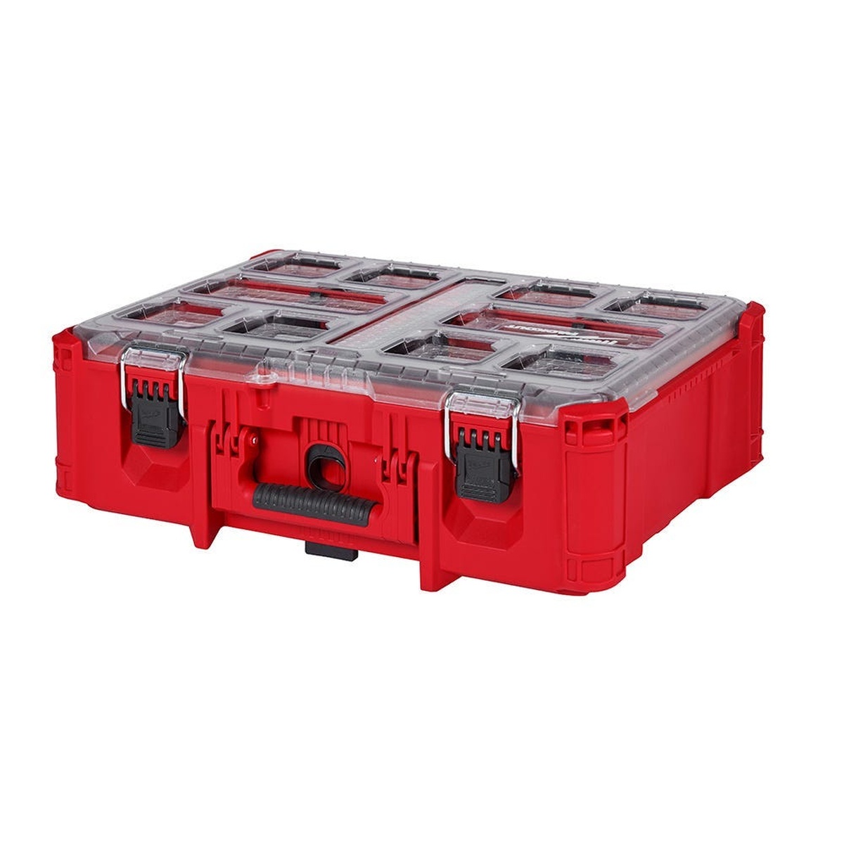 Milwaukee PACKOUT 4-Piece Organizer Set deep organizer with reinforced hinge and heavy-duty latches for carrying fittings and hardware on the jobsite