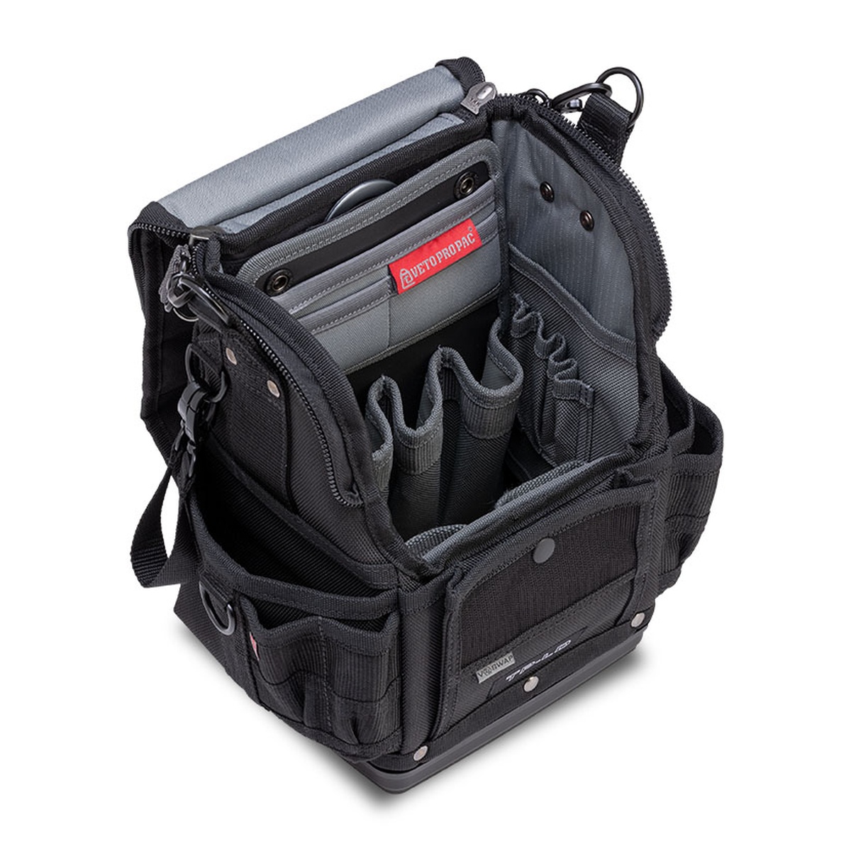 Open Veto Pro Pac TP-LD BLACKOUT Compact Zippered Technician's Tool Pouch showing V-SWAP panels, interior pockets, and organized storage for meters, hand tools, and service parts