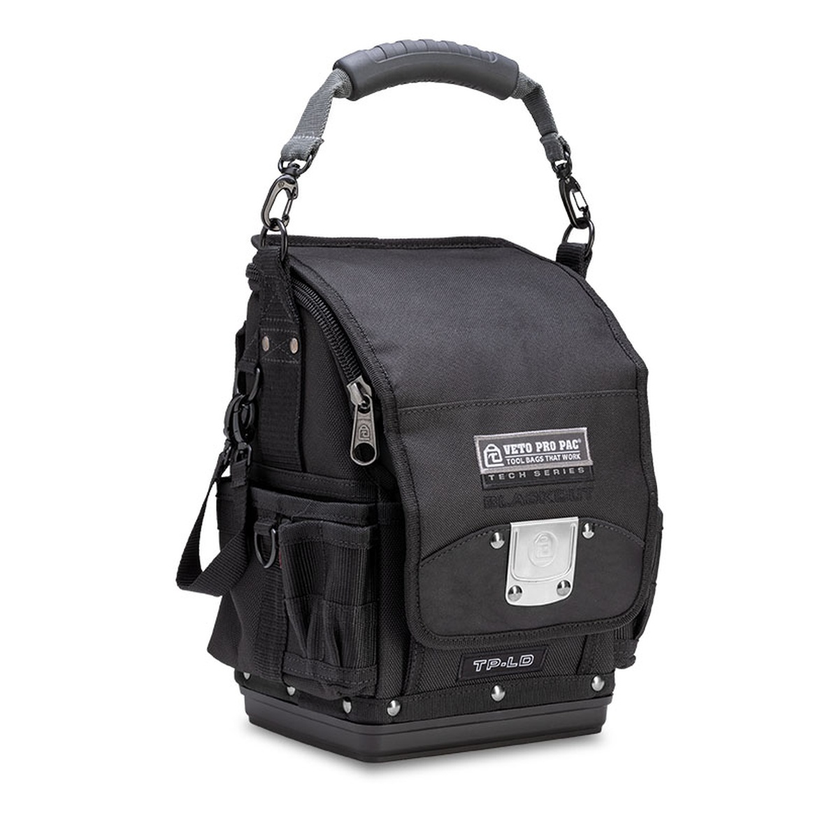 Veto Pro Pac TP-LD BLACKOUT Compact Zippered Technician's Tool Pouch shown closed with carry handle, waterproof molded base, and compact service-bag shape for jobsite and service-call transport