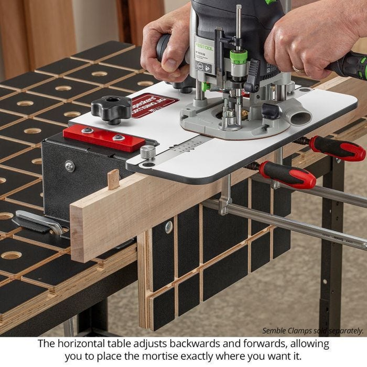 Woodpeckers MJ-24 Mortising Jig guiding a plunge router to cut a mortise in hardwood on a woodworking bench