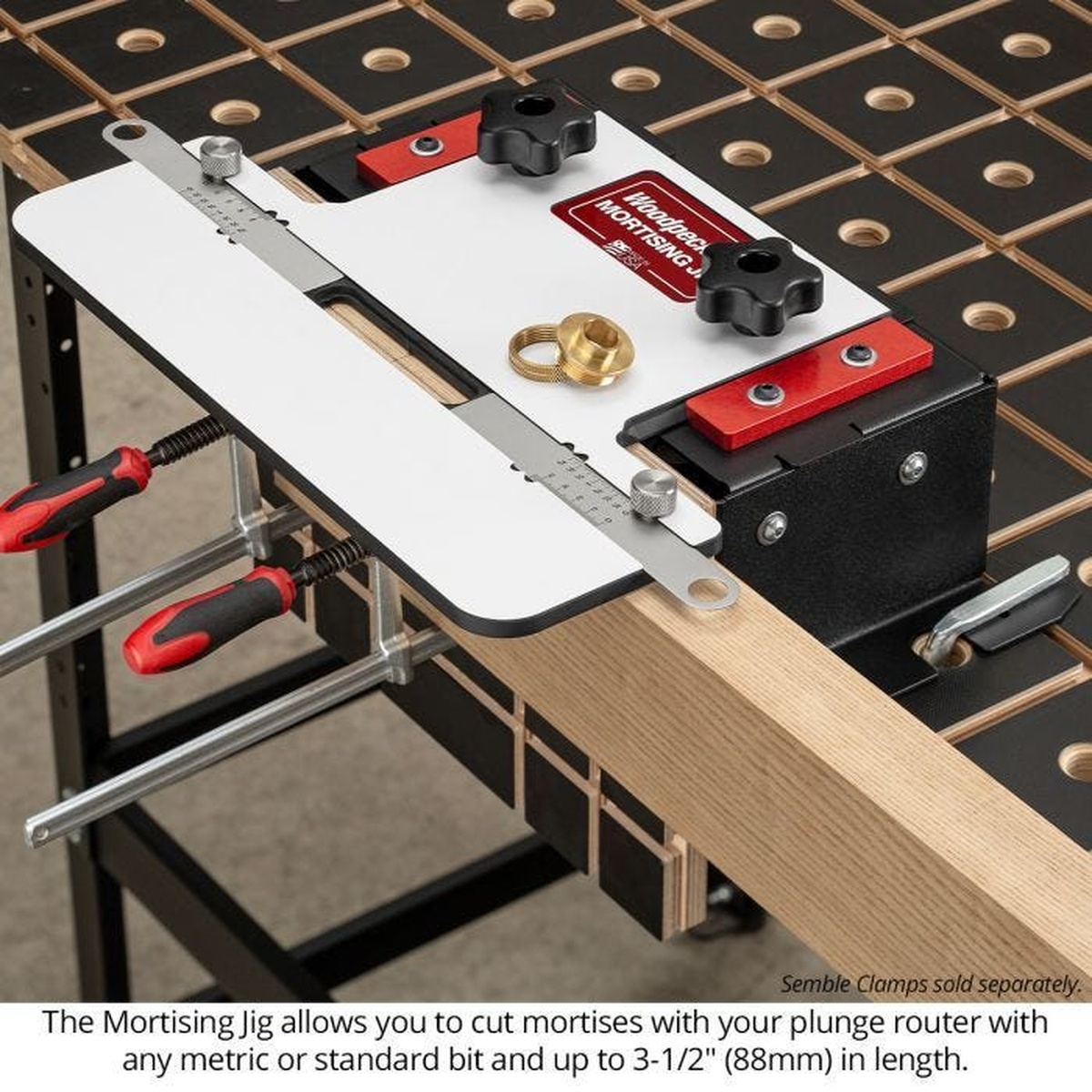 Woodpeckers MJ-24 Mortising Jig mounted on a workbench with hardwood stock clamped in place for mortise cutting