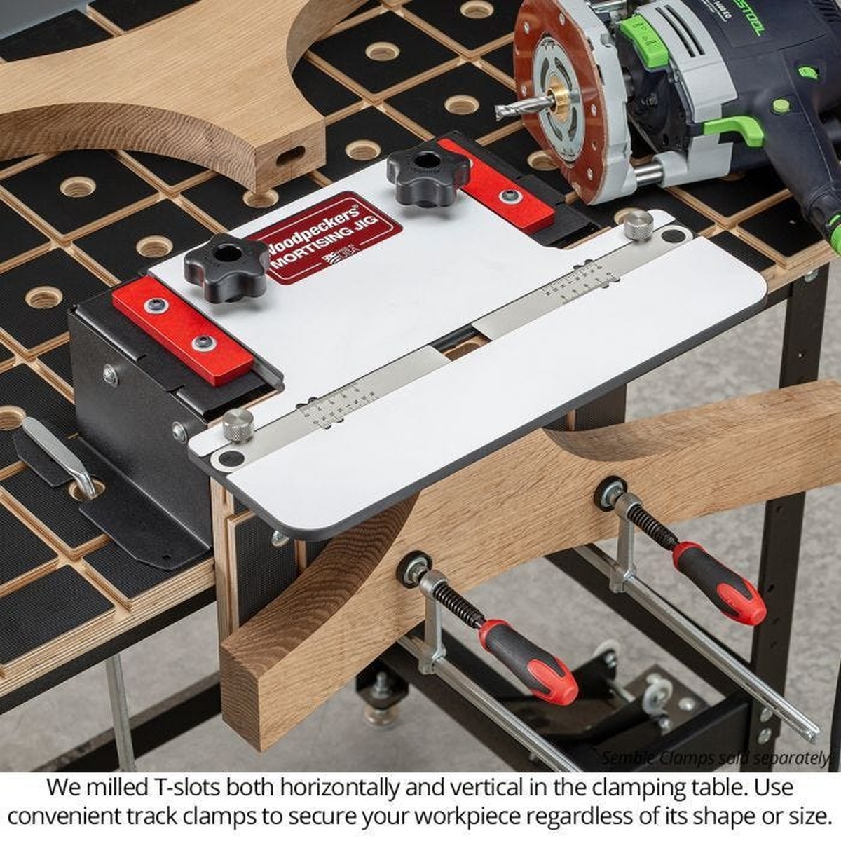 Woodpeckers MJ-24 Mortising Jig holding shaped wood parts on a bench for router joinery work