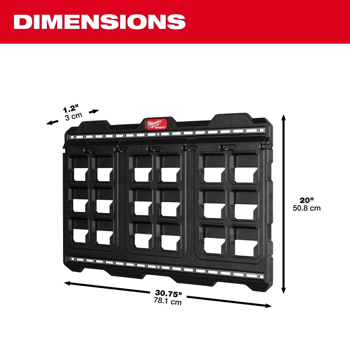 Milwaukee 48-22-8497 PACKOUT Large Wall Plate dimensions shown for wall storage planning with 30.75 inch width, 20 inch height, and 1.2 inch depth