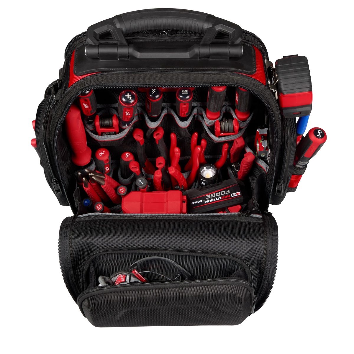 Milwaukee 48-22-8303 PACKOUT Structured Backpack loaded with hand tools for electrical and service work