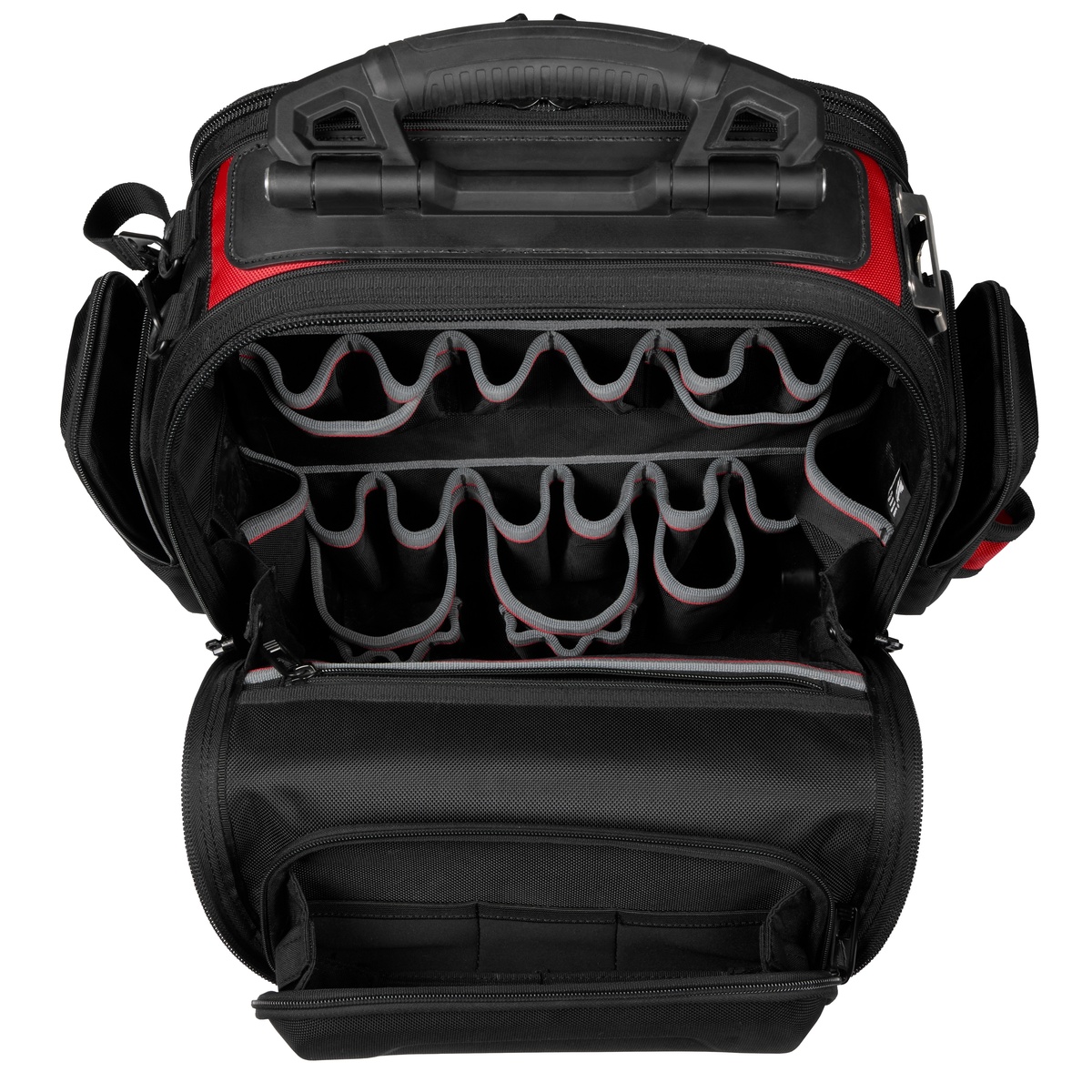 Milwaukee 48-22-8303 PACKOUT Structured Backpack open to show internal pocket layout for organizing hand tools on the jobsite