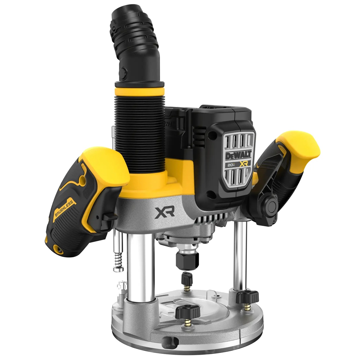 DeWALT DCW620B 20V MAX XR 2-1/4 Peak HP Plunge Router shown as a cordless plunge router with dual handles, plunge posts, and dust collection port for woodworking and routing tasks