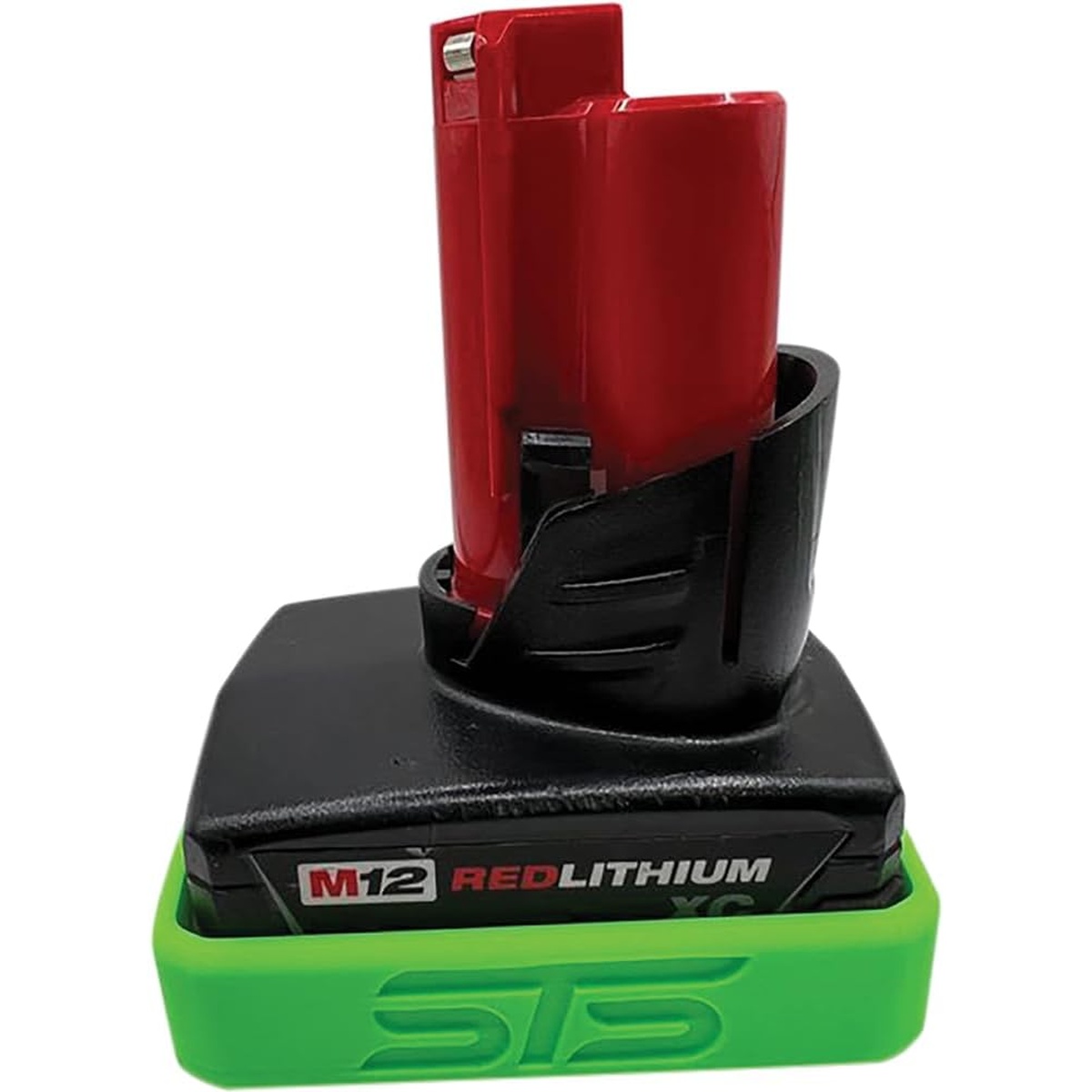 STS Auto Design MW12HOBK Milwaukee M12 Hi-Output 5.0Ah Magnetic Battery Cover attached to a Milwaukee M12 battery for magnetic tool storage on steel shop or jobsite surfaces