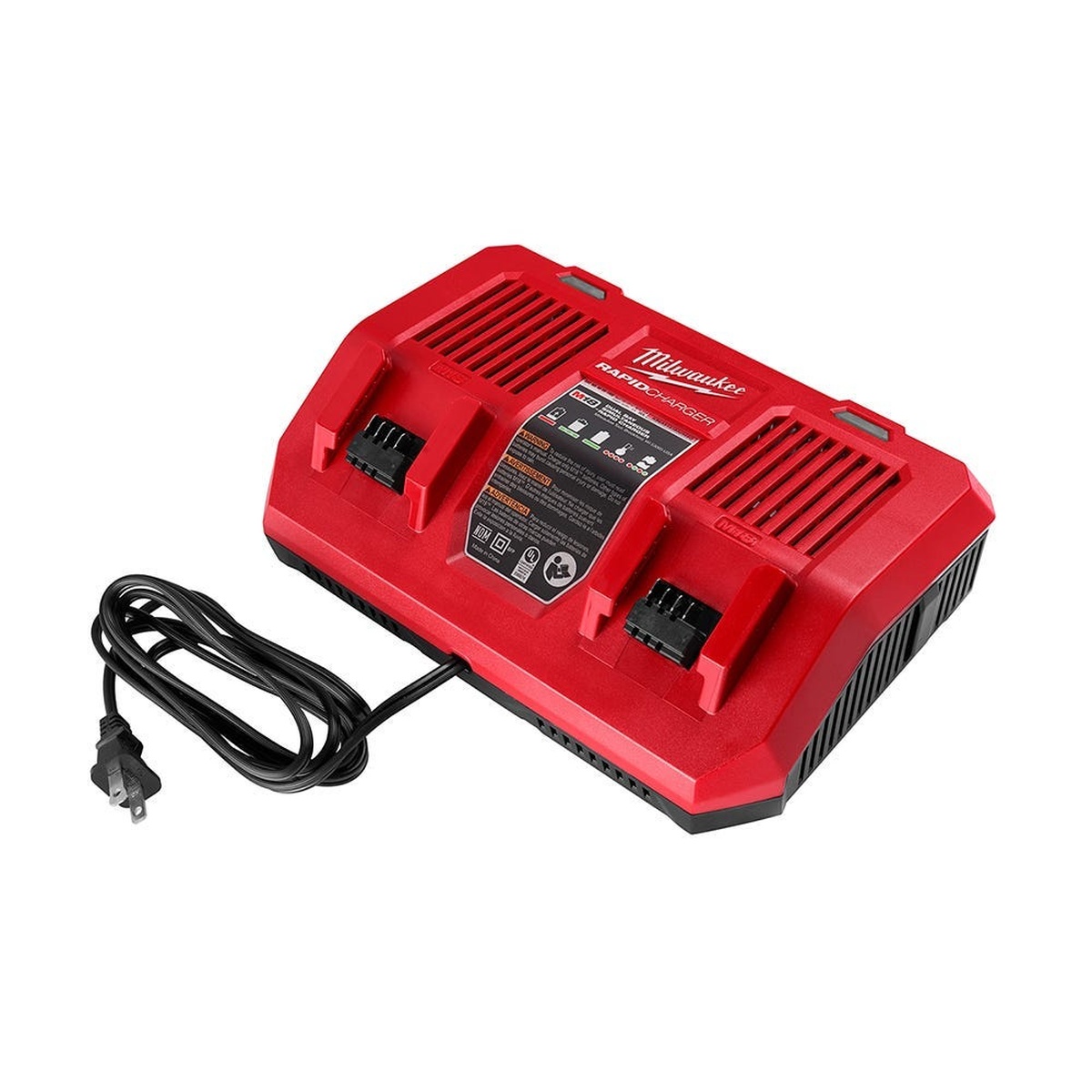 Milwaukee M18 Compact Tire Inflator with 6.0Ah Battery 2-Pack and M18 Dual Bay Simultaneous Rapid Charger charger shown on a clean background, featuring two charging bays for M18 battery packs in a shop or trailer setup